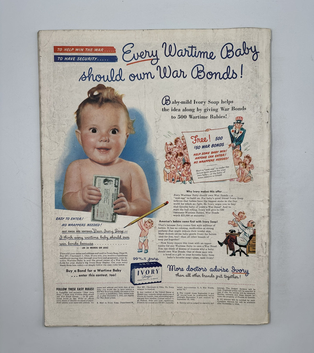 Vintage advertisement promoting War Bonds during World War II, featuring a smiling baby holding money. The ad emphasizes that 'Every Wartime Baby should own War Bonds!' and includes branding for Ivory Soap.