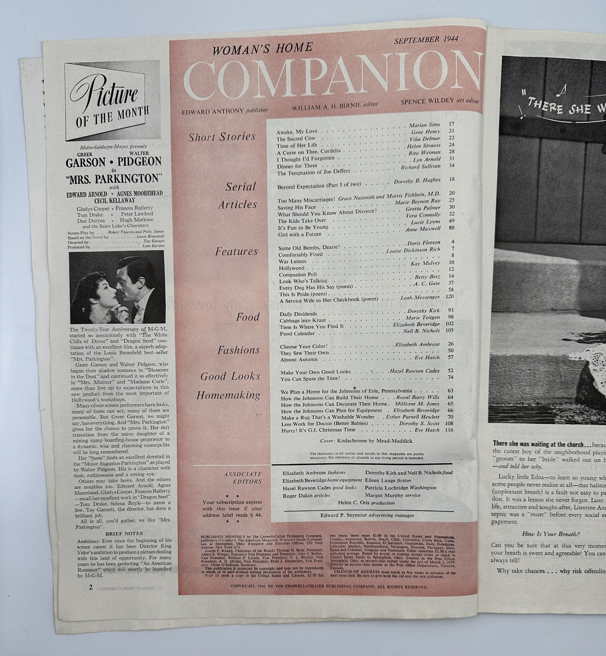 Inside spread of Woman’s Home Companion Magazine September 1944 displaying the table of contents, including short stories, articles, and features.