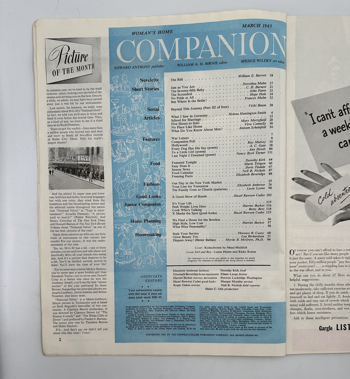 Inside page of Woman’s Home Companion Magazine March 1945 displaying the Table of Contents, listing featured stories including 'The Rift', articles, and contributions from various writers.