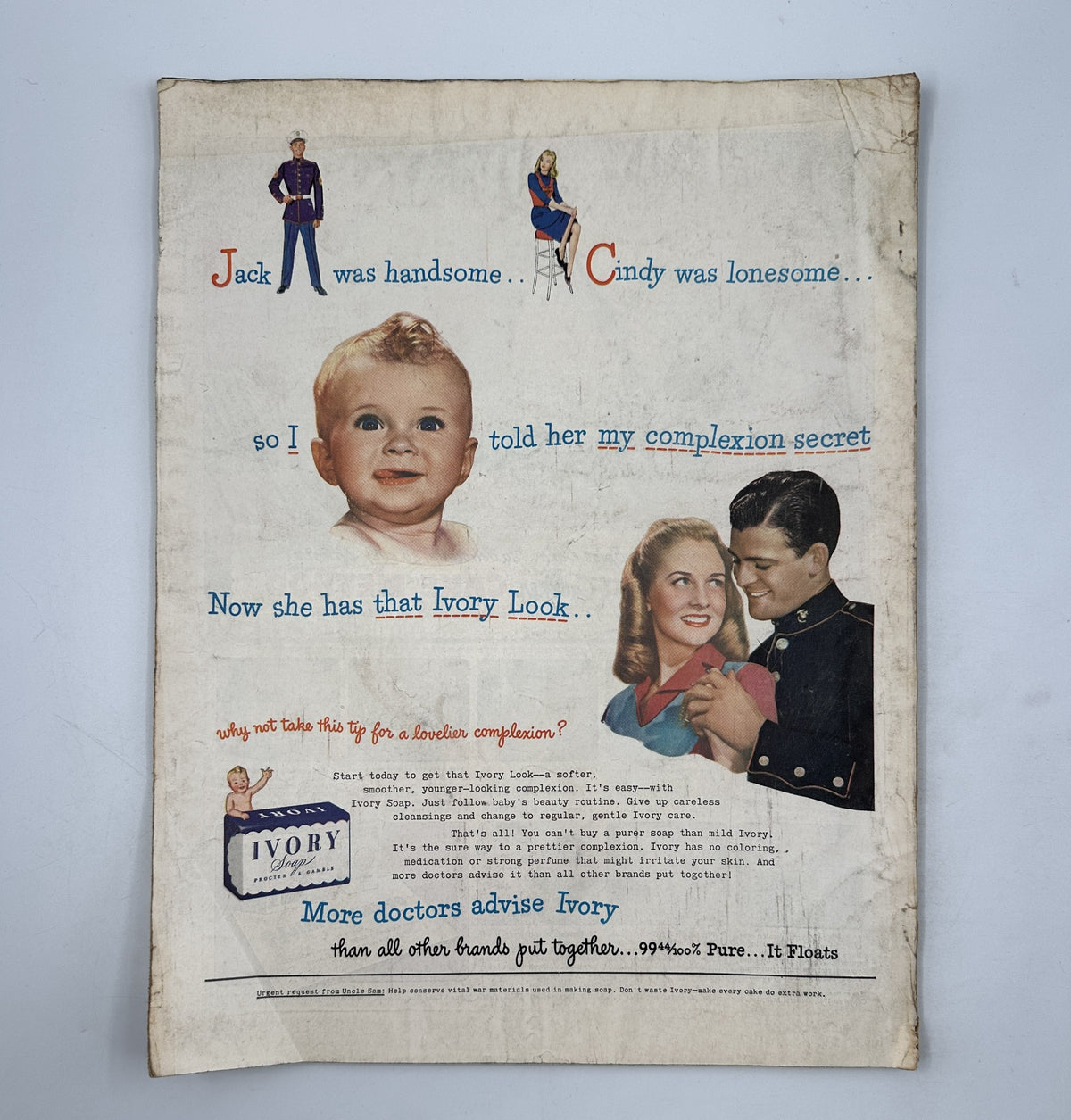 Back cover of Woman’s Home Companion Magazine March 1945 featuring an advertisement for Ivory soap, highlighting beauty and complexion secrets along with a charming couple and a child.