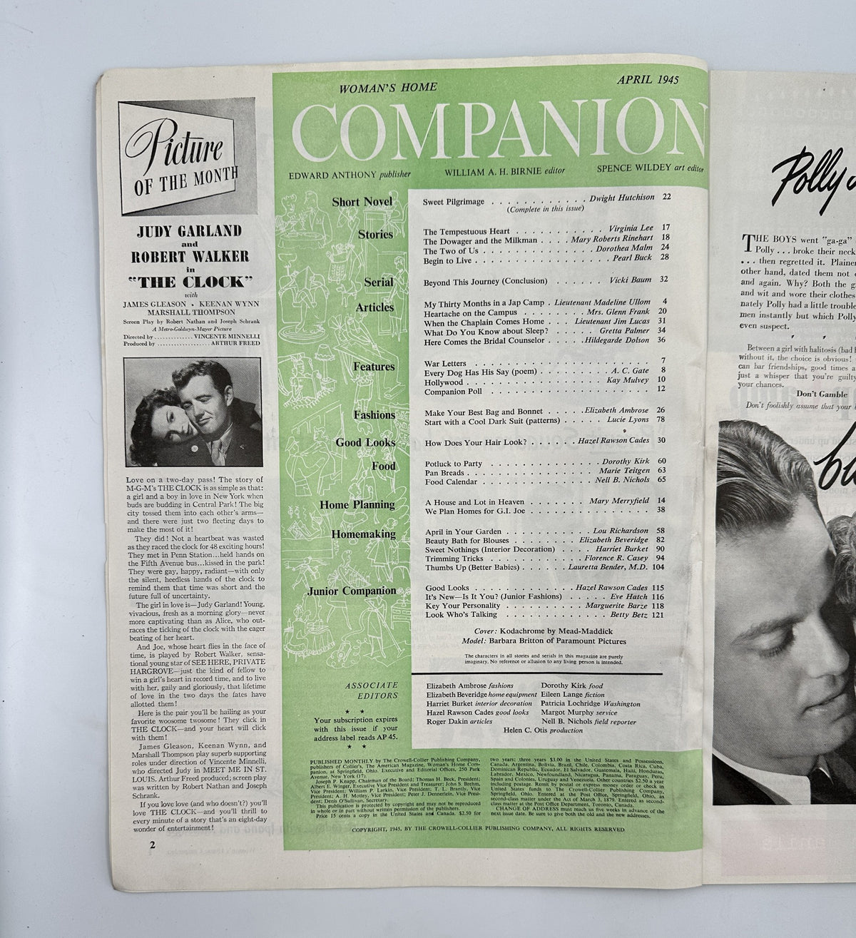 Inside page of Woman’s Home Companion Magazine April 1945 listing articles including 'Sweet Pilgrimage' and highlighting Judy Garland as Picture of the Month.