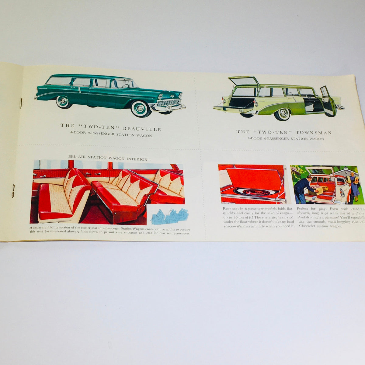 Inside spread of the 1956 Chevrolet brochure displaying illustrations of the Two-Ten Beauville and Two-Ten Townsman station wagons, highlighting features like seating and storage.