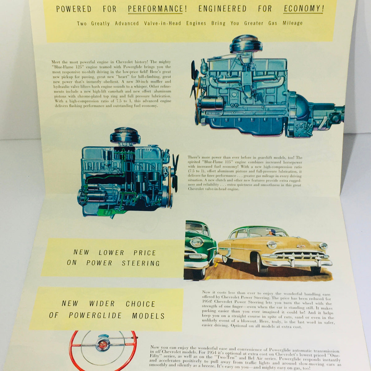 Interior page of the Vintage 1954 Chevrolet Bel-Air 4-Door Sedan Blue-Flame 125 Engine Car Brochure showcasing details about the Blue-Flame 125 engine and its performance features.