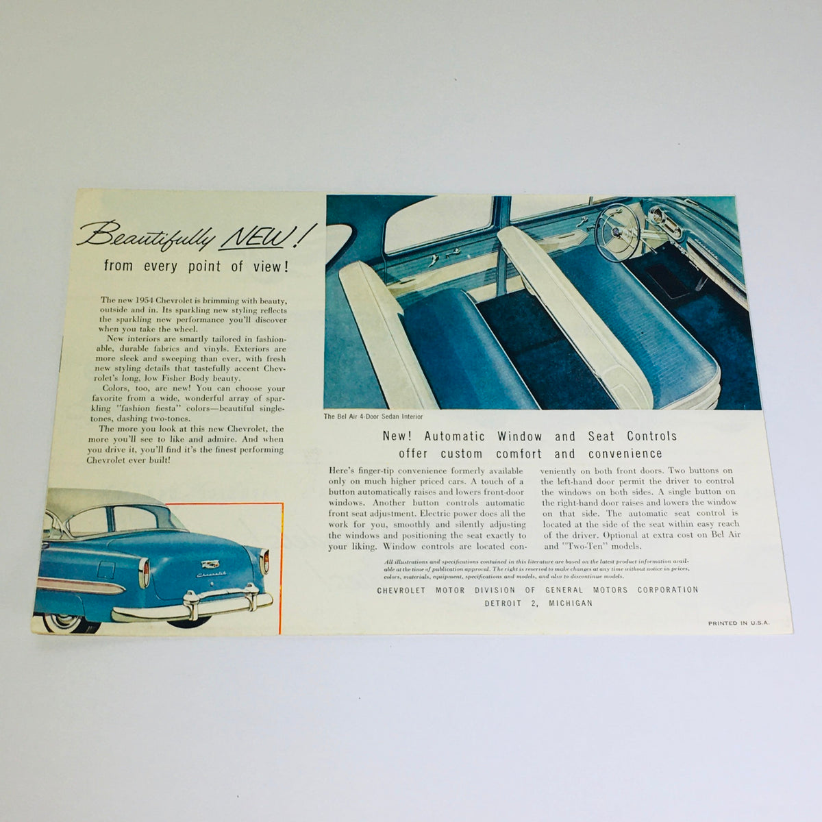 Another interior page of the Vintage 1954 Chevrolet Bel-Air 4-Door Sedan Blue-Flame 125 Engine Car Brochure highlighting the car's interior design and comfort features.