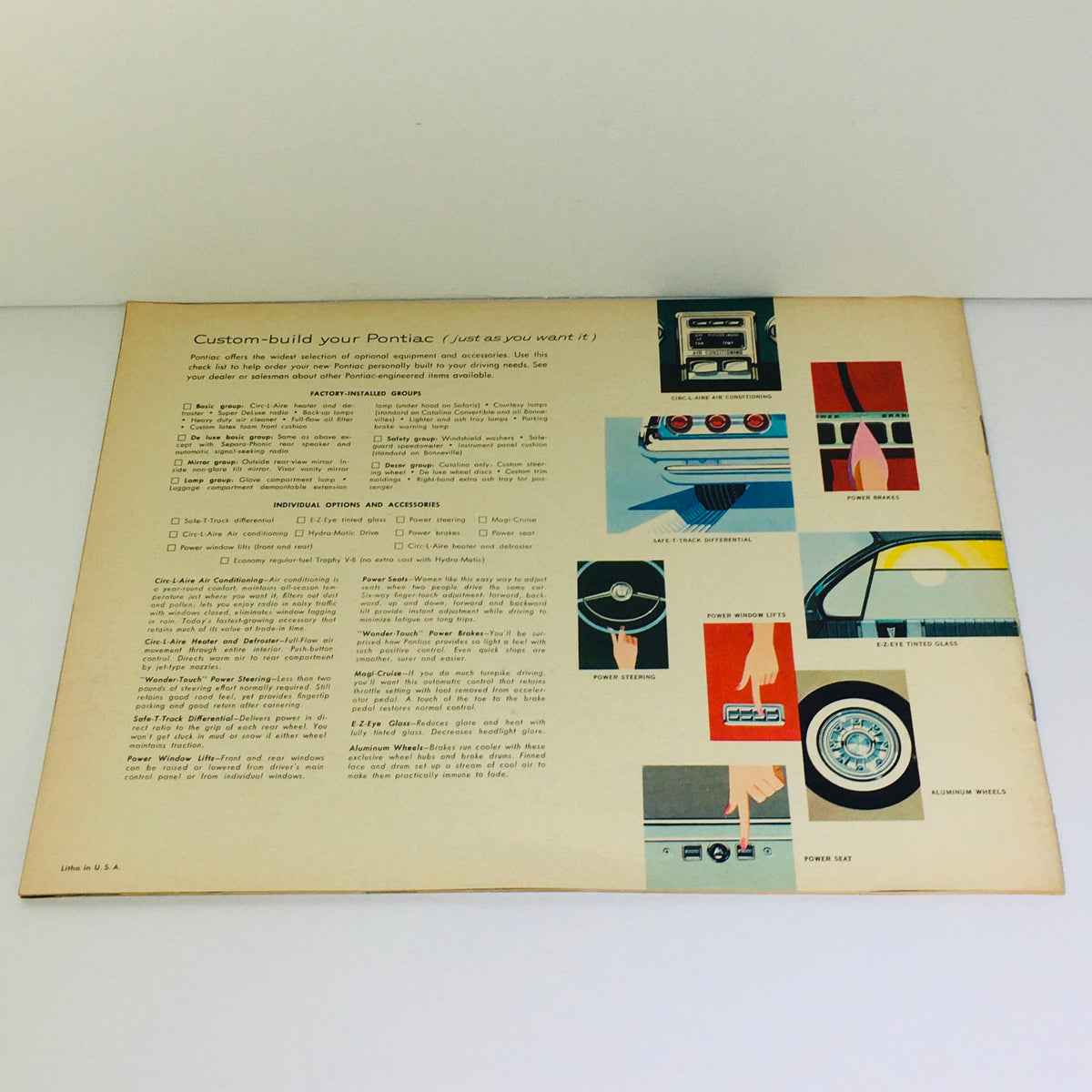Inside view of the 1961 Pontiac Catalina Sports Coupe brochure illustrating customizable options and accessories available for the vehicle.
