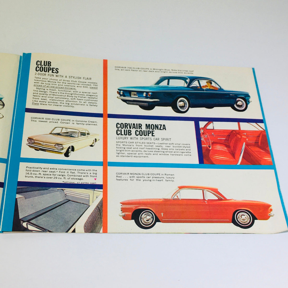 Inside of the Vintage 1961 Chevy Corvair Wagons and Coupes Monza brochure detailing Club Coups with stylish features and specifications.