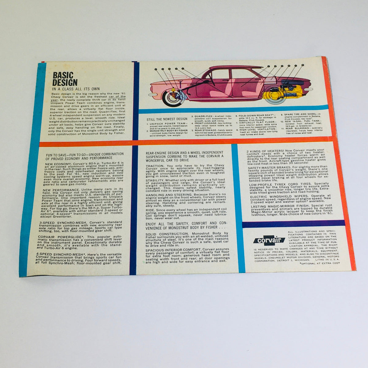 Back page of the Vintage 1961 Chevy Corvair Wagons and Coupes Monza brochure explaining the basic design and performance features of the Corvair.