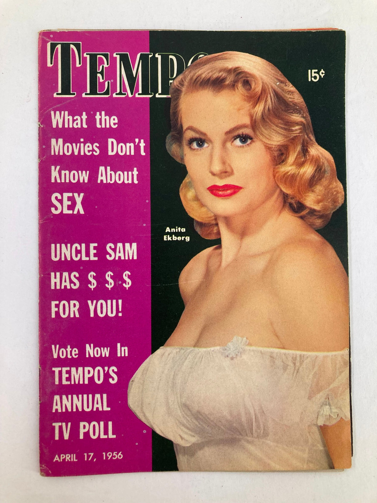 Cover of Vintage Tempo Magazine April 17 1956 featuring actress Anita Ekberg, with bold headlines discussing movies and advertising Uncle Sam's offer.