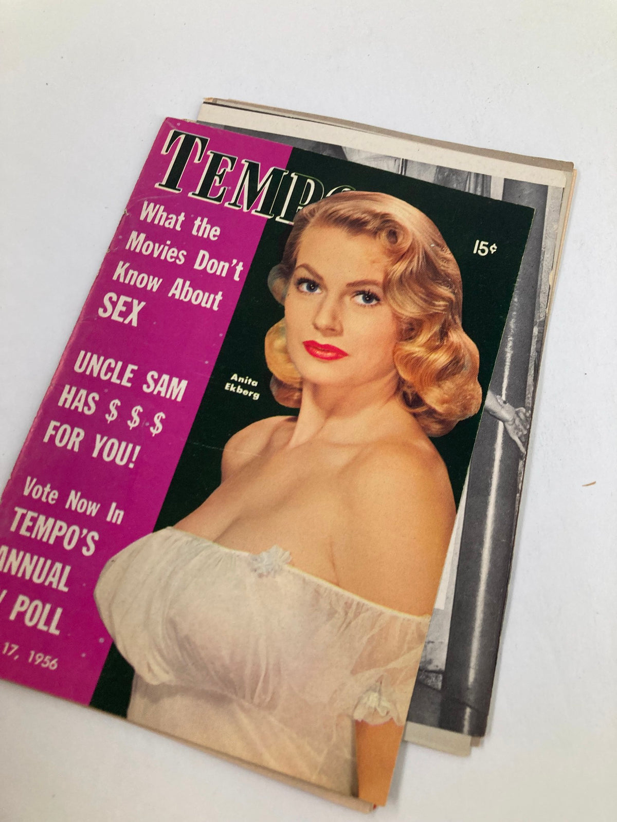 Vintage Tempo Magazine April 17 1956 featuring actress Anita Ekberg on the cover, highlighting 1950s Hollywood glamour and culture.