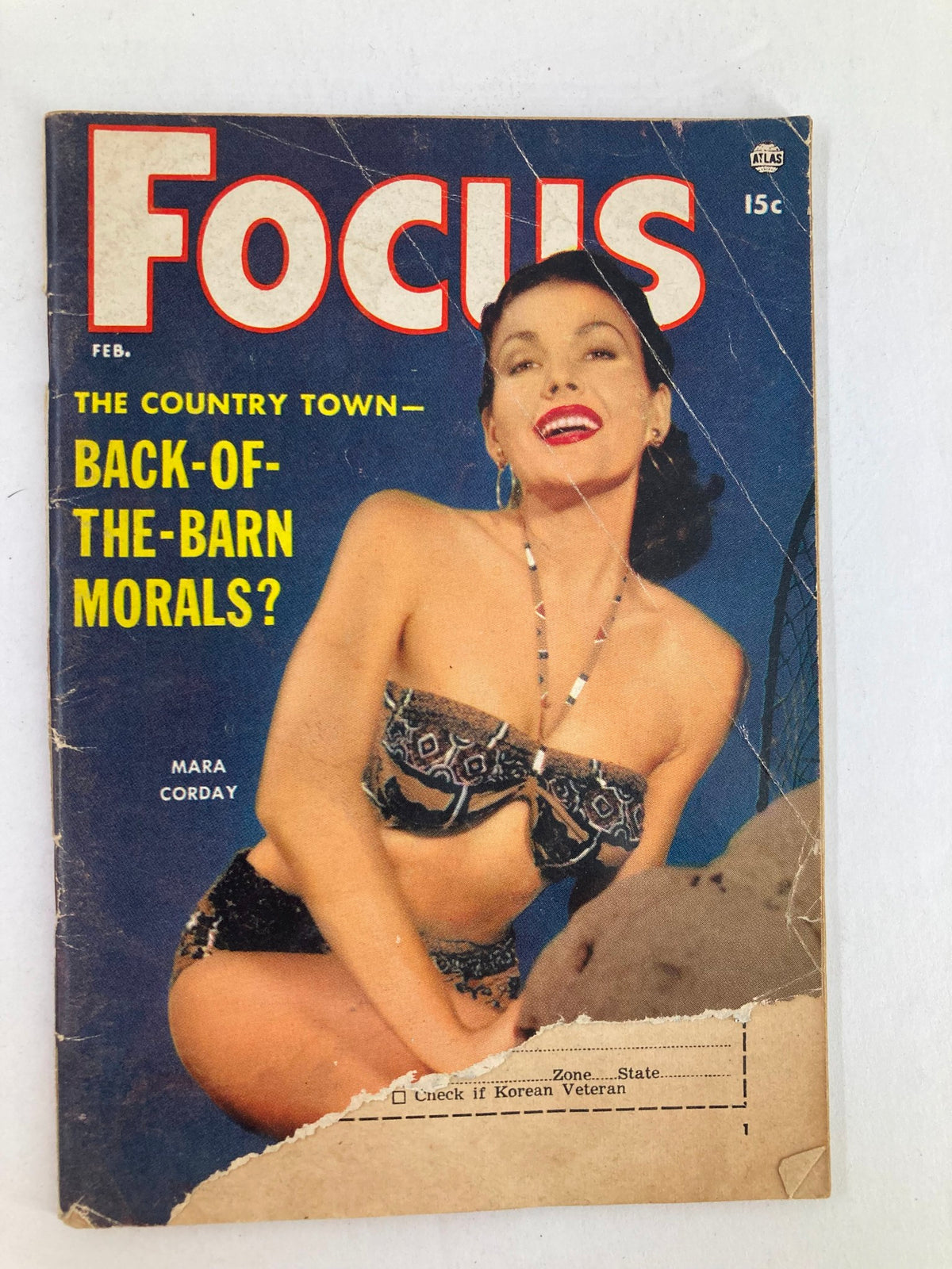 Cover of VTG Focus Magazine February 1957 Vol 7 #2 featuring Mara Corday wearing a bikini, showcasing vintage magazine design with a nostalgic aesthetic.