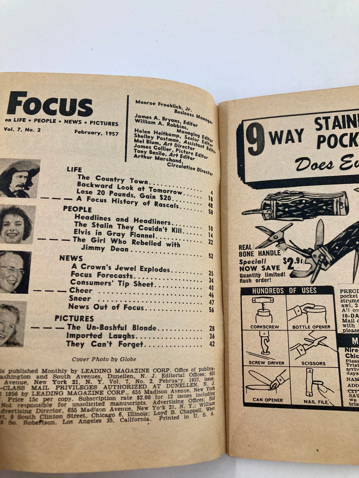 Inside page of VTG Focus Magazine February 1957 Vol 7 #2 showing the contents and editorial details, emphasizing its historical significance in vintage journalism.