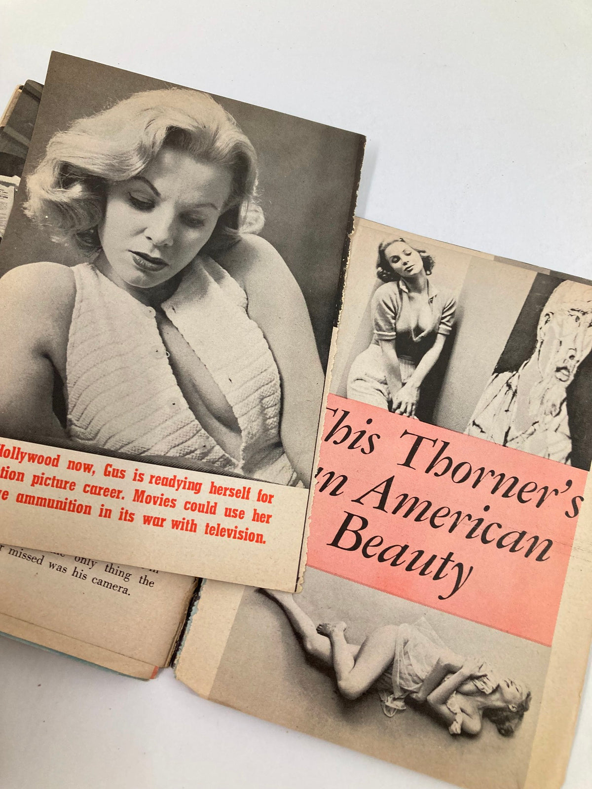 Interior pages of VTG Tempo Magazine May 1958 showcasing vintage black and white photographs of models, highlighting Gus Thorner's influence in American beauty and culture.