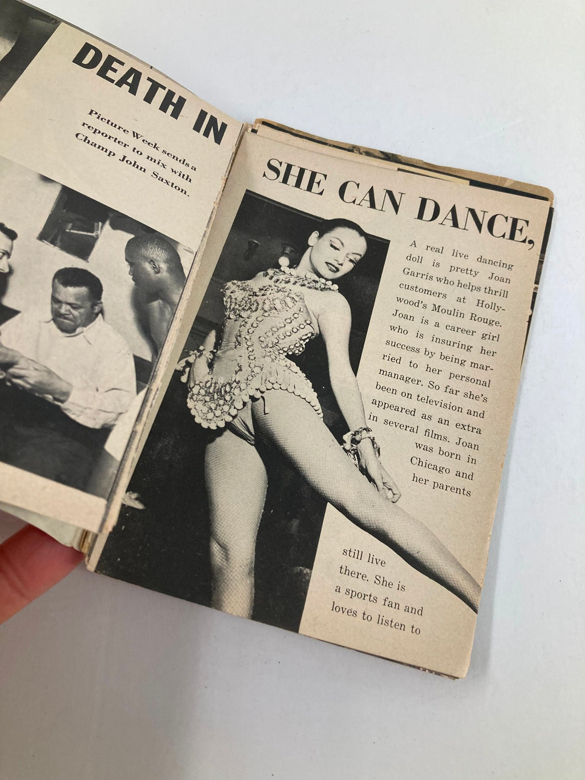 Interior page from VTG Bold Magazine June 1956 showcasing a dancer named Joan Garris, depicting the glamour and style of mid-20th century entertainment.