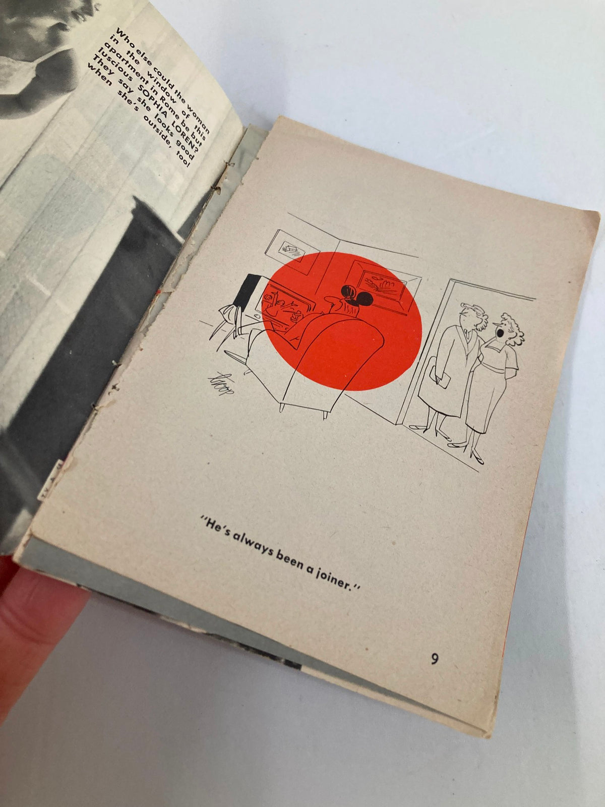 Interior page from VTG TV Girls and Gags Magazine April 1958 displaying a retro illustration and comedic text, reflecting the humor of the mid-century era.