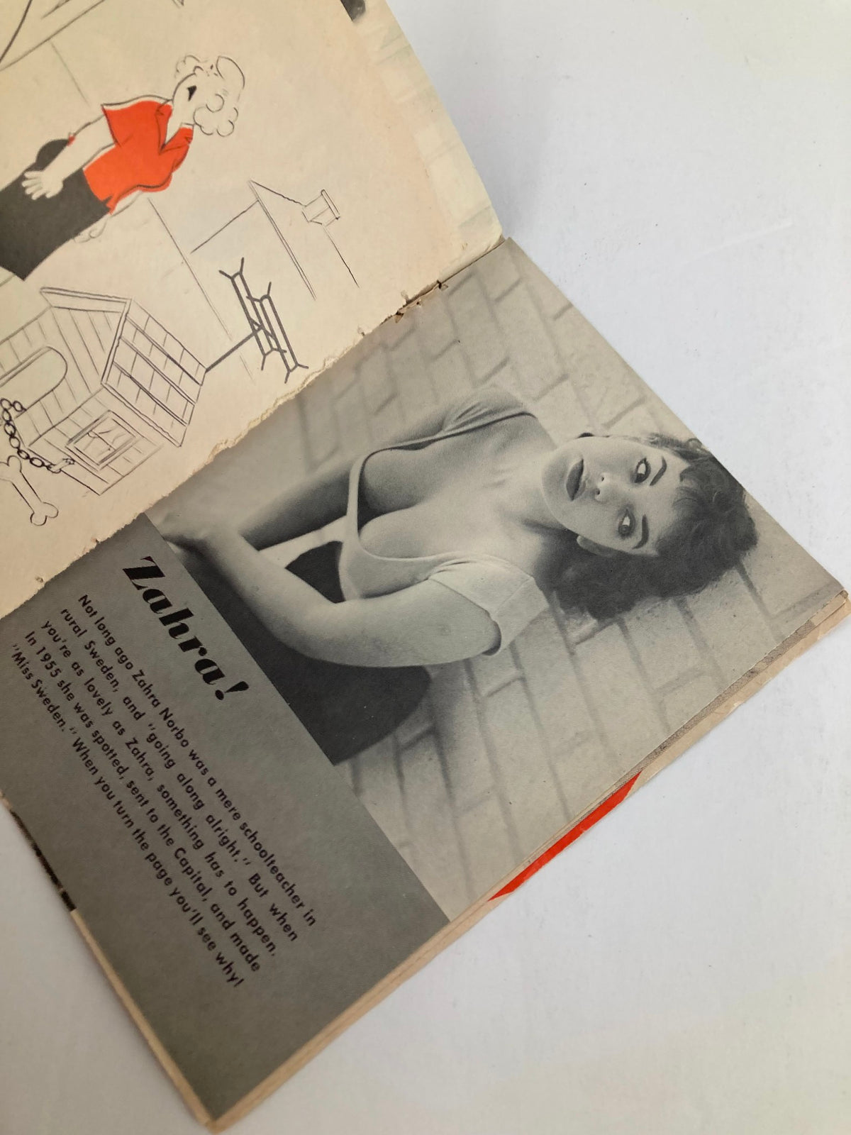 Interior page of VTG TV Girls and Gags Magazine from April 1958 featuring beautiful black and white photo of Sandra Giles, America's No. 1 Model, alongside vintage illustrations.