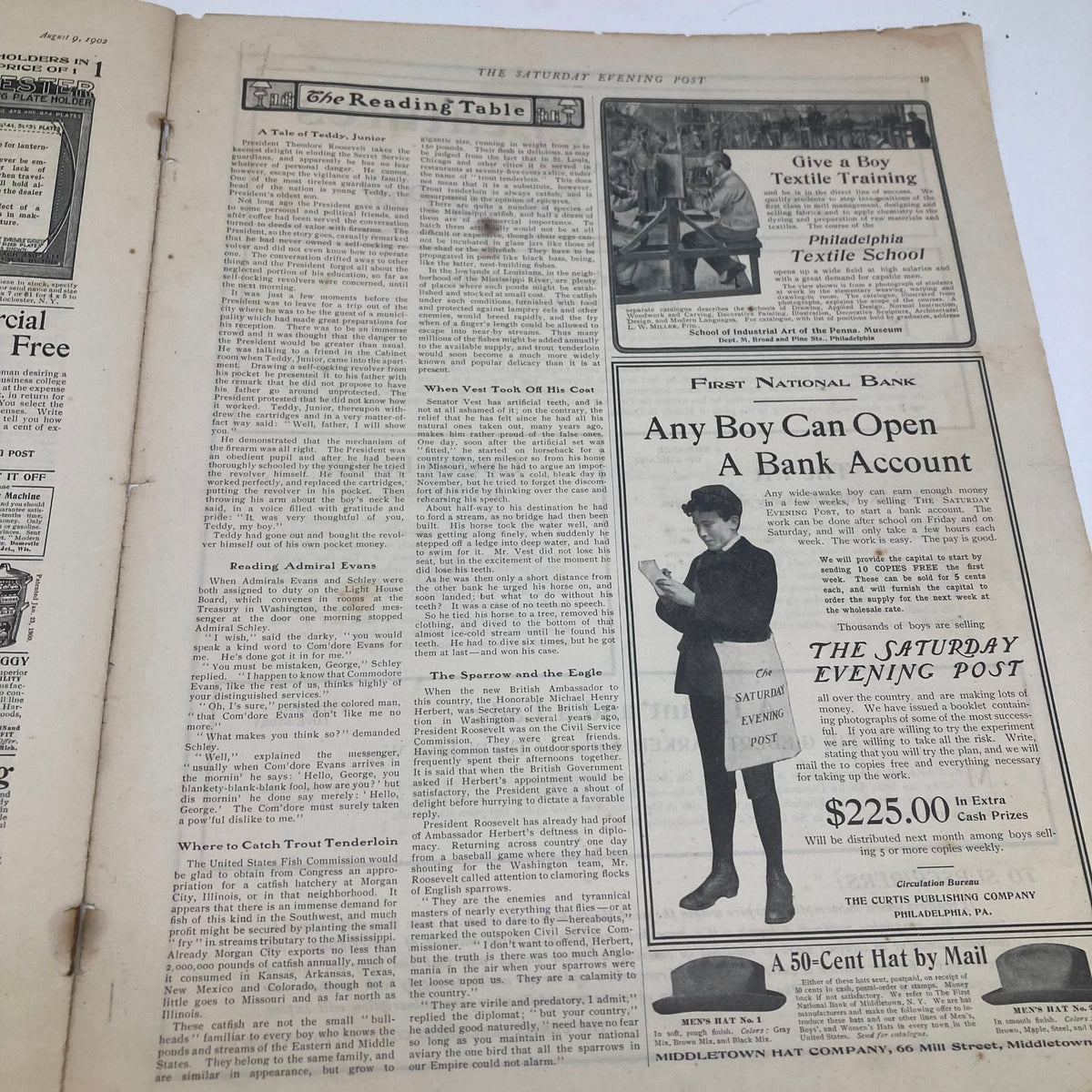 Interior page of Saturday Evening Post Magazine August 9 1902 featuring 'The Reading Table' segment with advertisements and articles, reflecting the magazine's content style.
