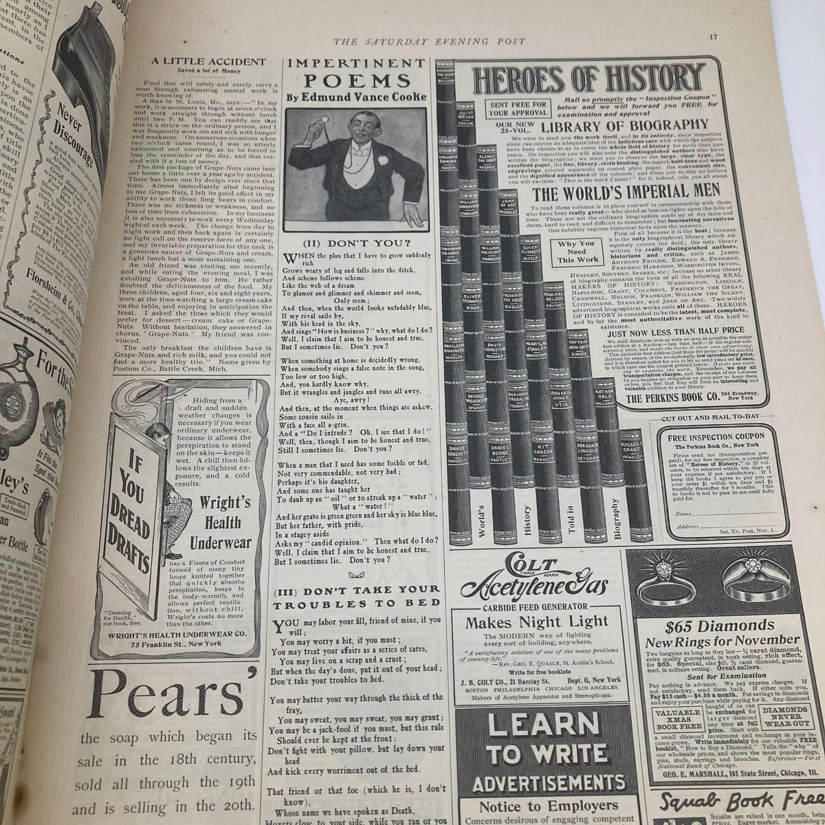 Interior page of The Saturday Evening Post magazine, November 1902, displaying various advertisements and articles, reflecting the publication's historical content.
