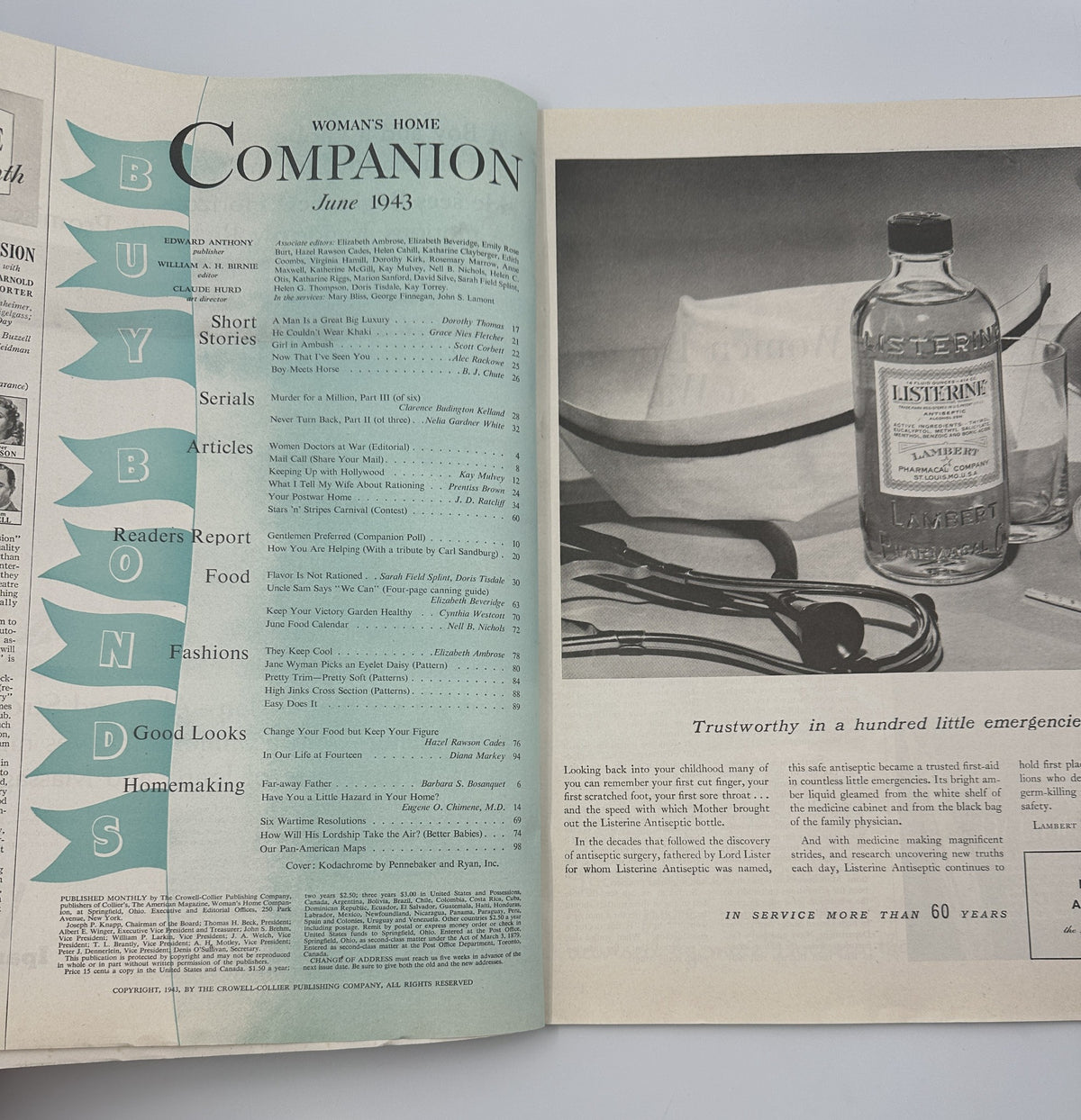 Inside pages of the Woman’s Home Companion Magazine June 1943, showcasing the contents section, including articles and features on food and homemaking, with the title 'What I Tell My Wife About Rationing' noted.