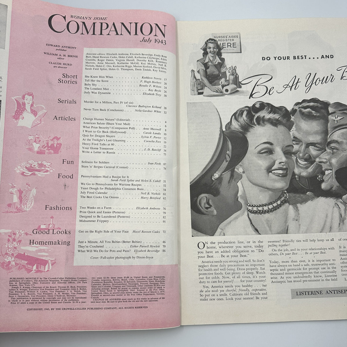Inside spread of Woman’s Home Companion Magazine July 1943 showcasing the Table of Contents, emphasizing articles, short stories, and features.