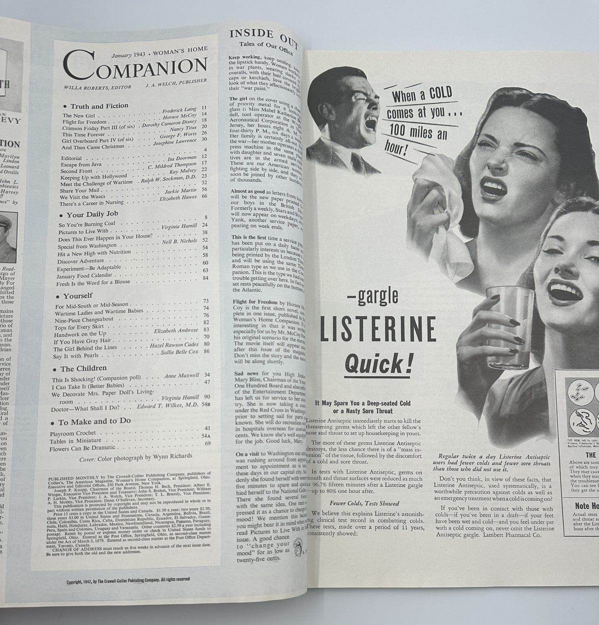 Interior page of Woman’s Home Companion Magazine, January 1943. This page includes the Table of Contents with sections such as 'Truth and Fiction', 'Your Daily Job', and 'Yourself', along with advertisements and illustrations.