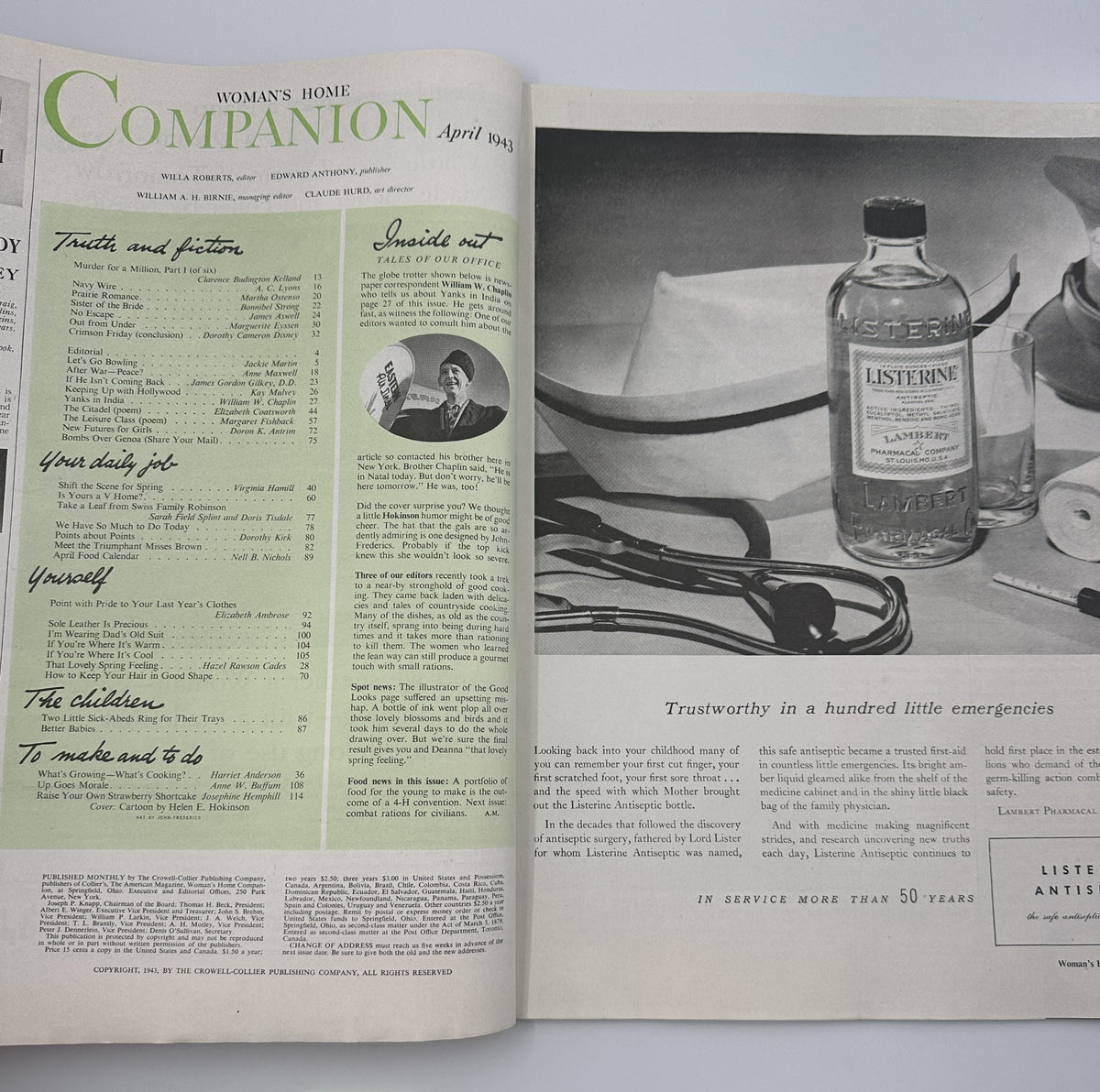 Interior page of Woman’s Home Companion Magazine April 1943 displaying articles on various topics, including health and household tips, with a vintage advertisement for Listerine.