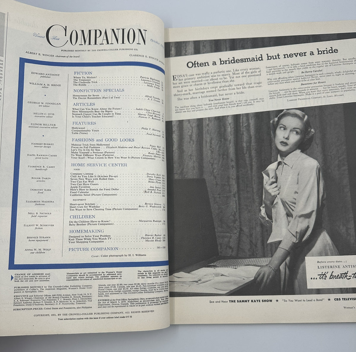 Interior page of Woman’s Home Companion Magazine October 1951 showing the table of contents, highlighting sections on fiction, nonfiction specials, and home service center.