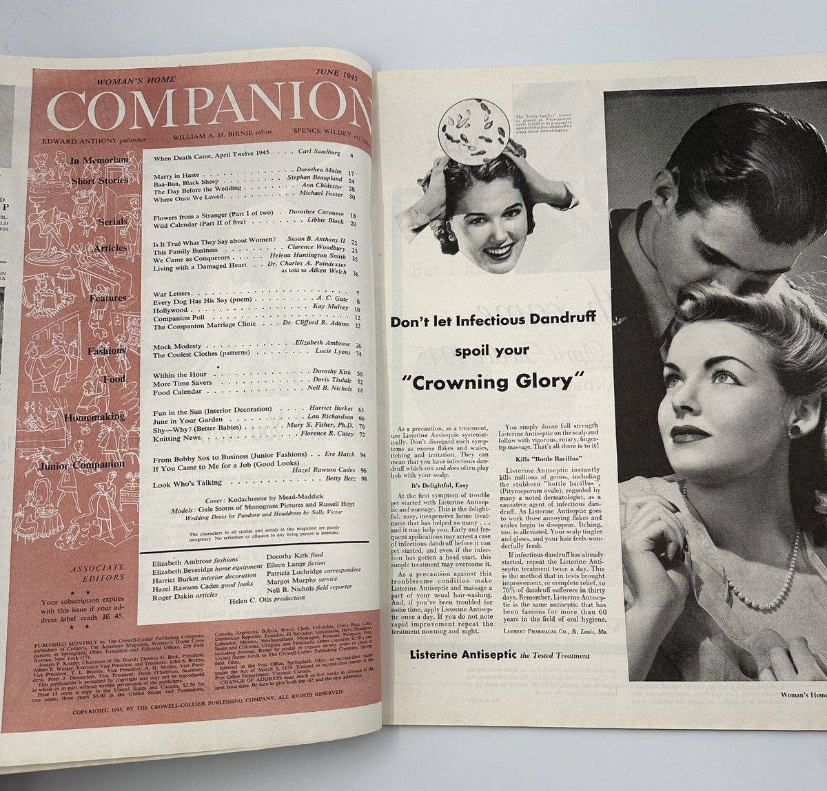 Inside spread of the Woman’s Home Companion Magazine June 1945 featuring wedding advice and health tips with a focus on hair care. Highlight includes a section on 'Don't let Infectious Dandruff spoil your Crowning Glory'.