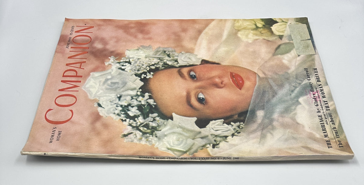 Side view of the Woman's Home Companion Magazine June 1946 cover, highlighting the floral-themed design and model, with the title 'The Marriage' by Gladys Hasty Carroll.