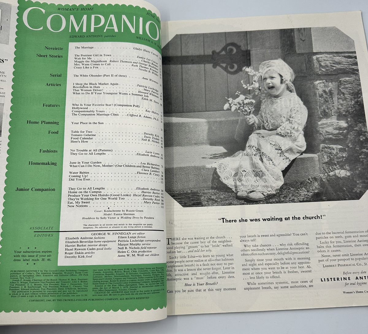 Inside page of Woman's Home Companion Magazine June 1946, displaying the Table of Contents with a photo of a child, featuring stories and articles like 'The Marriage' by Gladys Hasty Carroll.