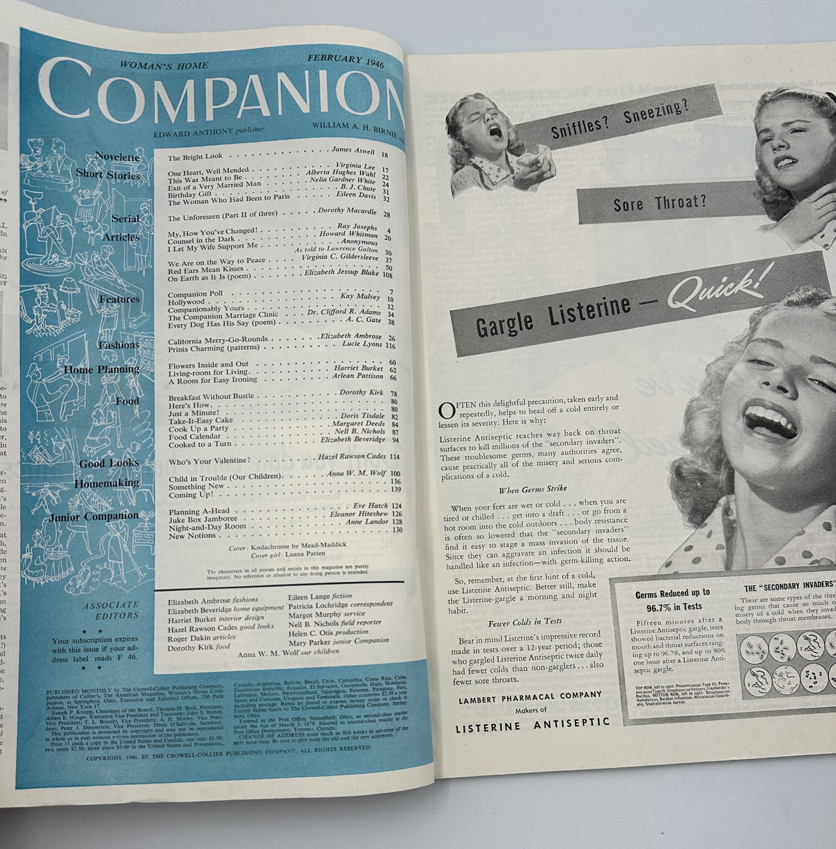 Pages from Woman's Home Companion Magazine February 1946 displaying the Table of Contents and advertisements, highlighting current relevant topics and features of the issue.