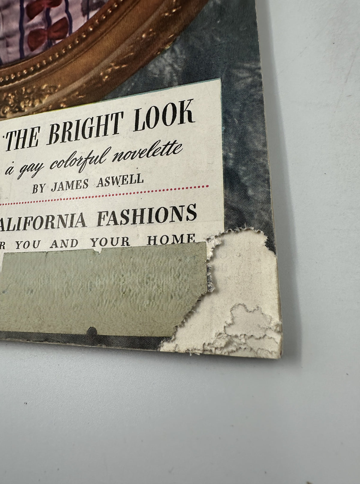 Close-up of the cover of Woman's Home Companion Magazine February 1946 with visible wear, showcasing 'The Bright Look' novelette by James Aswell and California fashions.