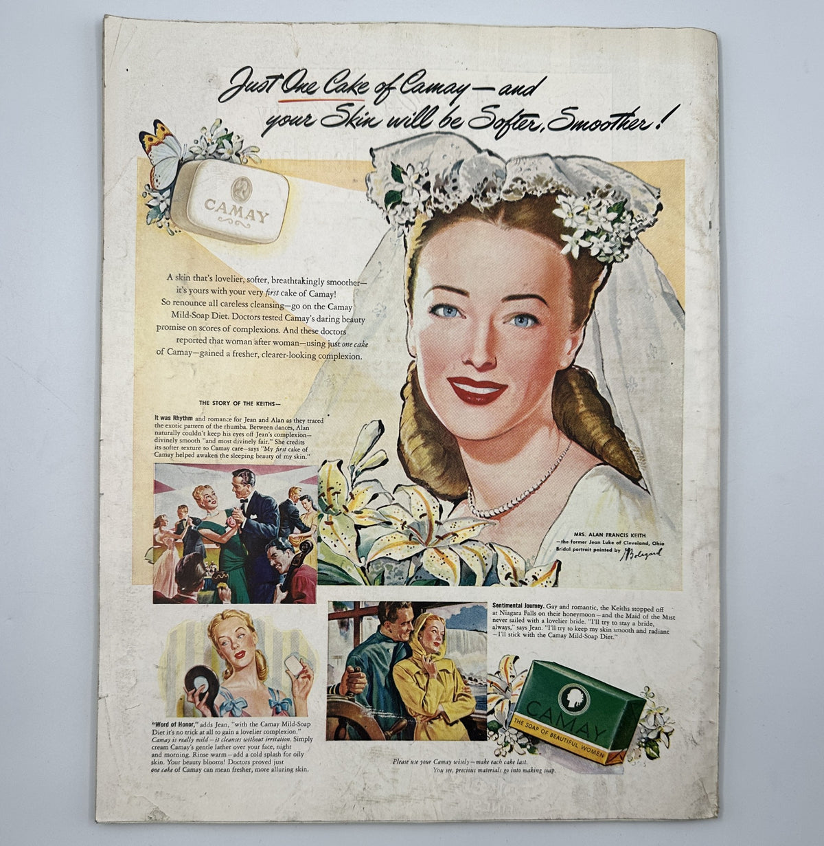 Back cover of Woman's Home Companion Magazine February 1946 featuring a vintage advertisement for Camay soap, emphasizing skin care with a classic illustration.