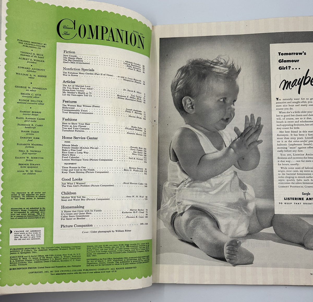 Interior page of Woman’s Home Companion Magazine April 1951 showing the Table of Contents, featuring an article on the War in Korea by Marguerite Higgins.
