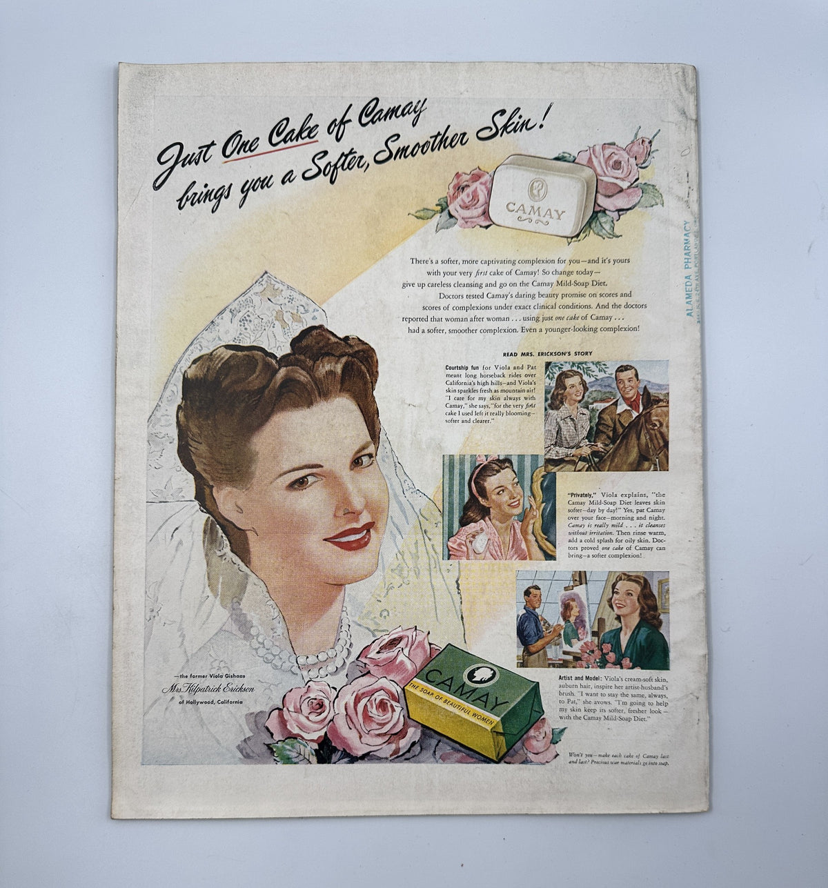 Back cover of Woman's Home Companion Magazine August 1945 advertising Camay soap with an illustration of a woman and roses.