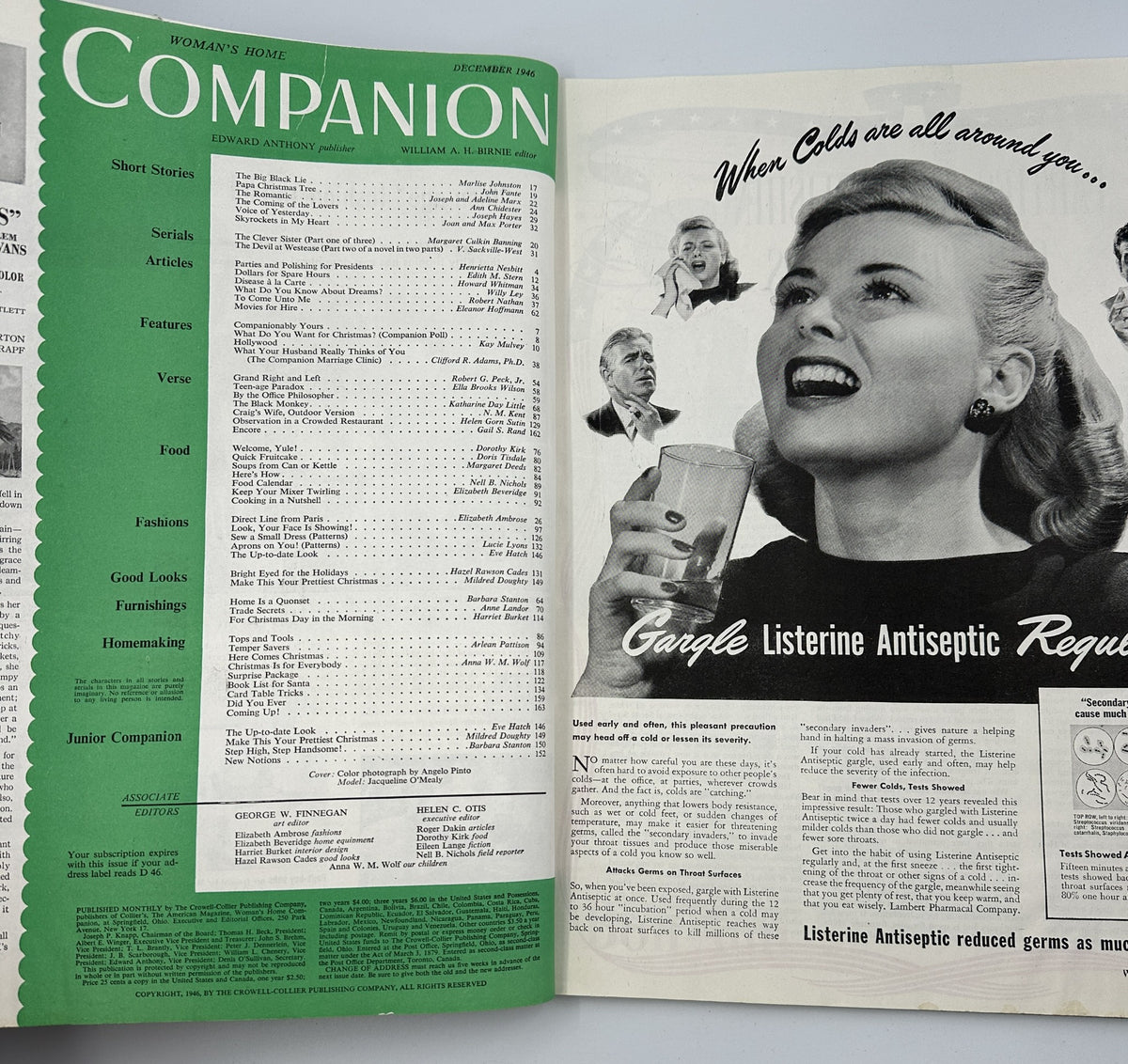 Inside view of Woman’s Home Companion Magazine December 1946 showing the Table of Contents and advertisements. This page features various articles, including short stories and food recipes, with a vintage design reflecting the era.
