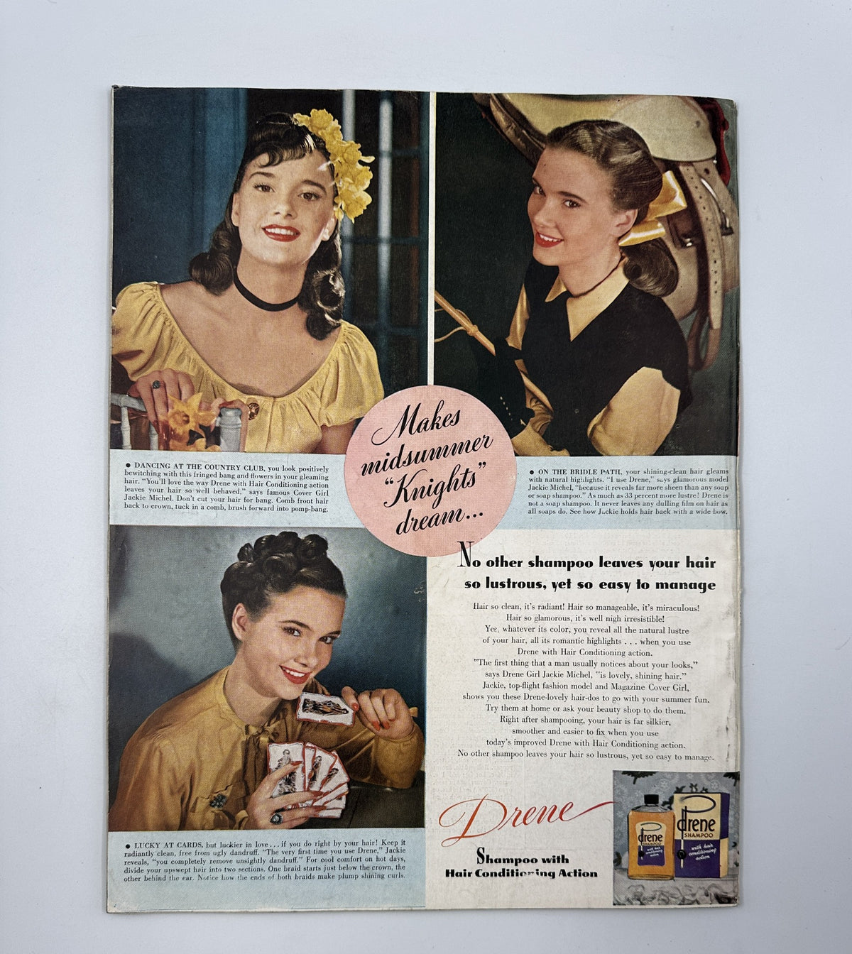 Vintage advertisement from Woman’s Home Companion Magazine August 1946 featuring Drene shampoo. The ad presents three women with stylish hairstyles, promoting the benefits of Drene shampoo for lustrous hair. The title 'Woman’s Home Companion Magazine August 1946 Pearl Buck Pavilion of Women Cover' is reflected in the vintage styling and product focus.