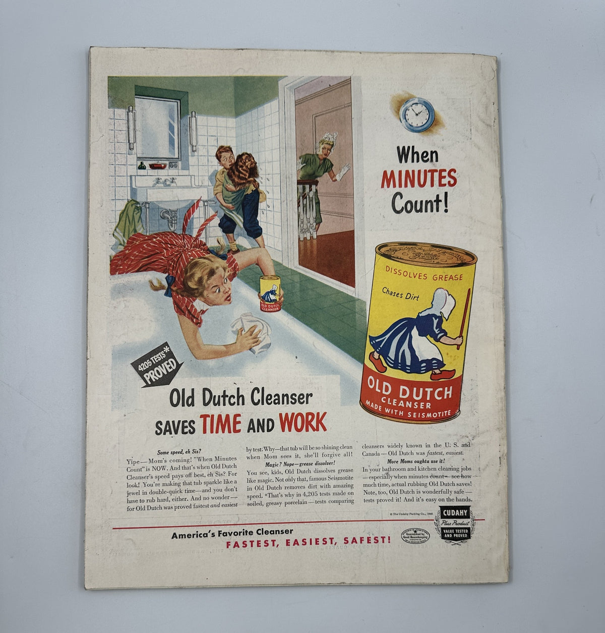 Vintage advertisement from Woman’s Home Companion Magazine September 1946 for Old Dutch Cleanser, promoting its effectiveness in saving time and work in household cleaning.
