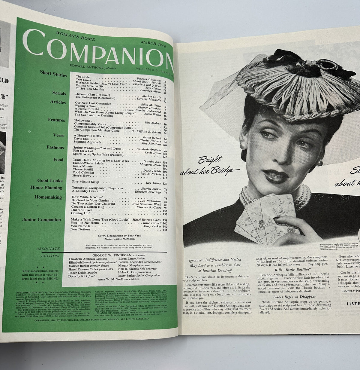 Interior page of Woman’s Home Companion Magazine March 1946 featuring content list including short stories, articles, and homemaking tips, alongside a stunning image of model Jackie McMillan. Well-preserved magazine reflecting mid-20th century style.
