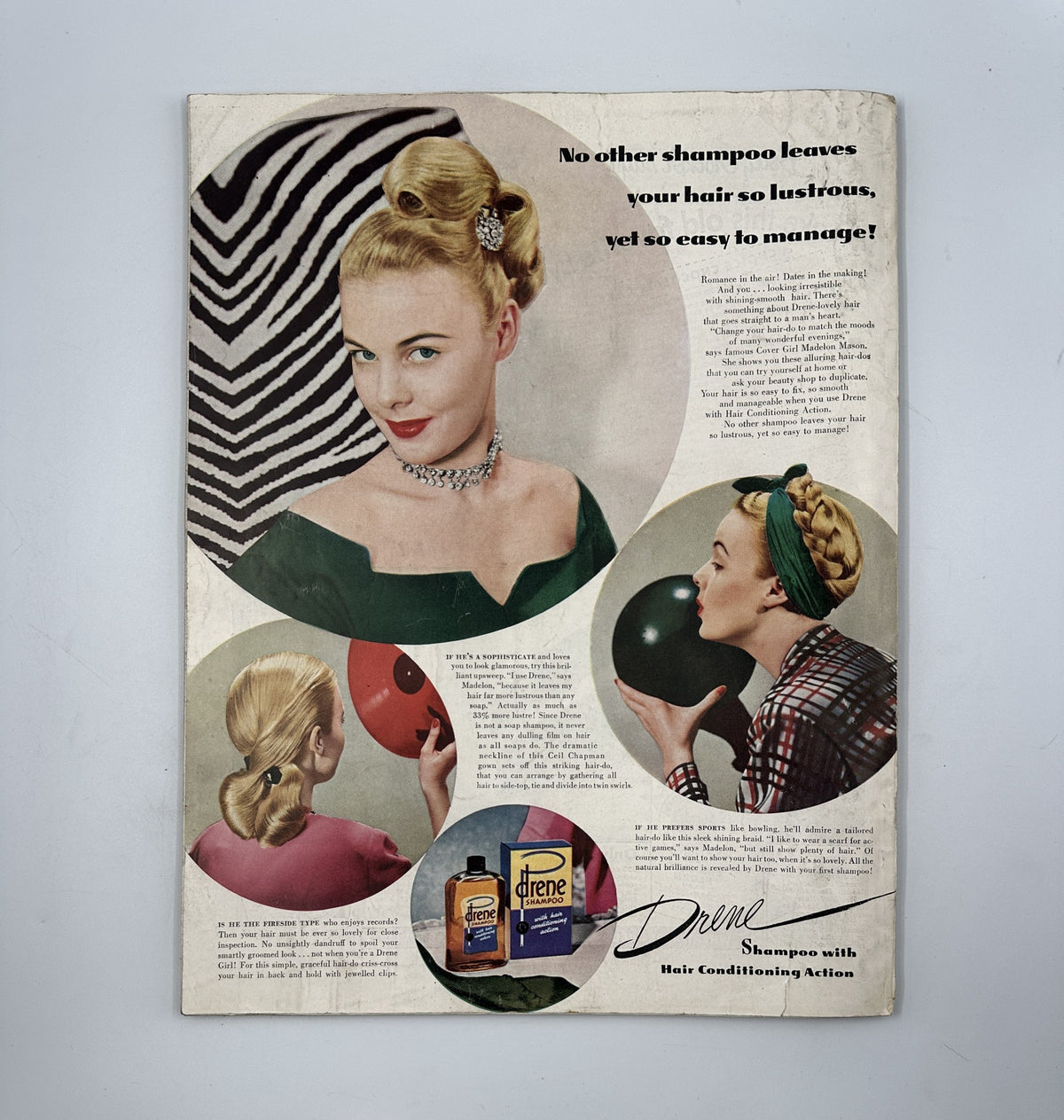 Back cover of Woman’s Home Companion Magazine March 1946 showcasing an advertisement for Drene shampoo, featuring images of glamorous women with stylish hairdos. The ad promotes the shampoo's effectiveness for lustrous hair.