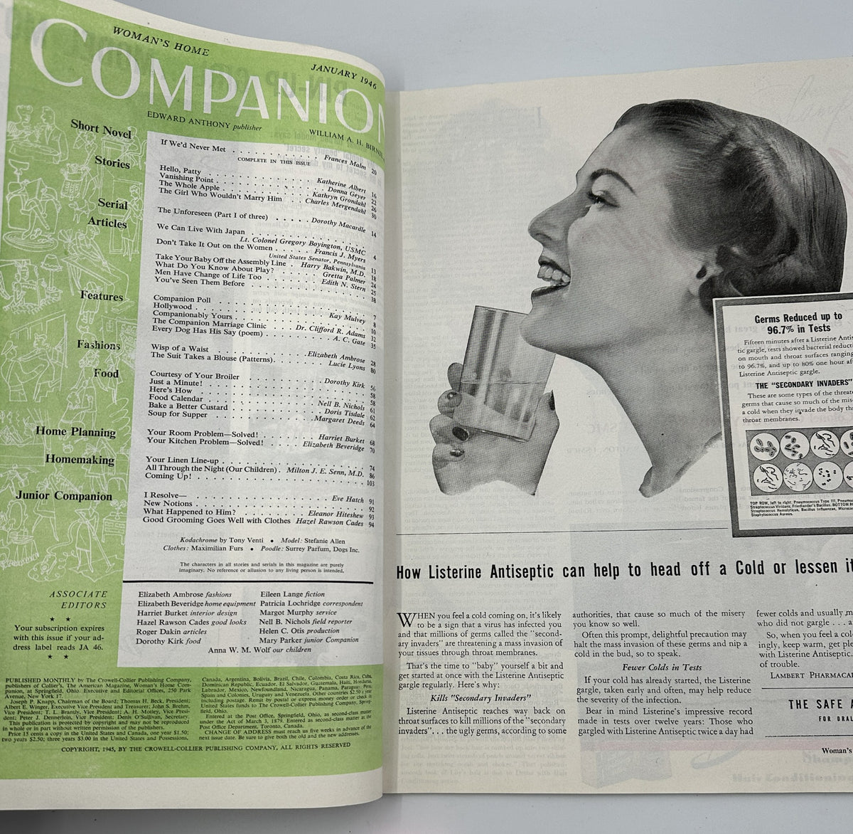 Interior page of Woman’s Home Companion Magazine January 1946 showing an article on health with a woman holding a glass, alongside the magazine’s table of contents.
