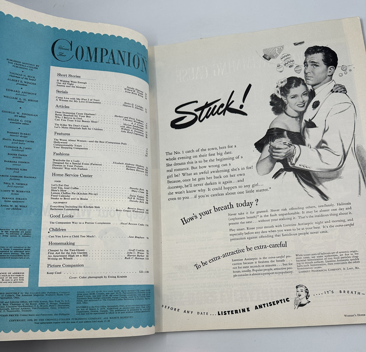 Inside page of Woman’s Home Companion Magazine July 1950 displaying the table of contents with sections for short stories, articles, and features, including A. J. Cronin's 'Why I Believe in God'.