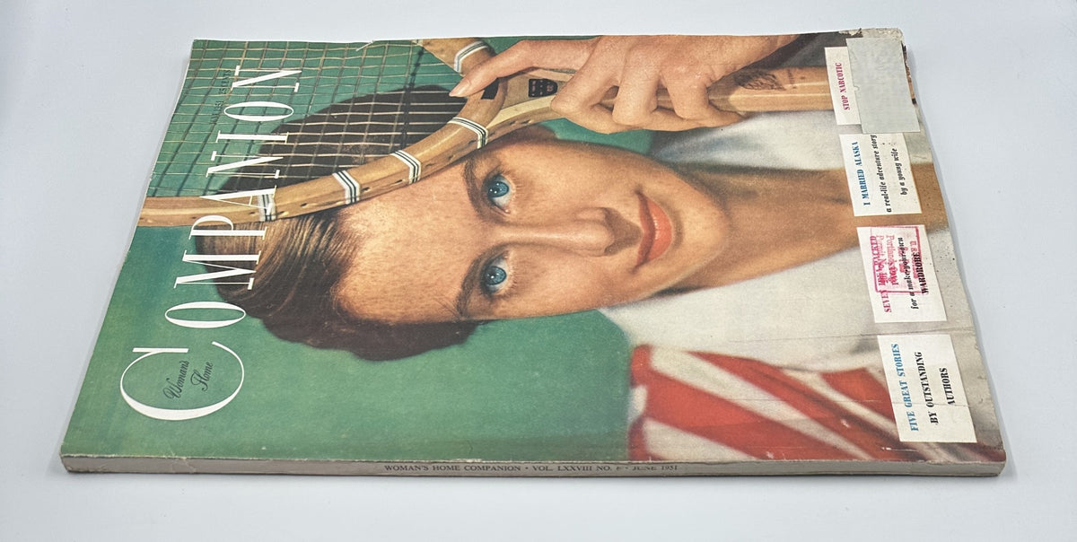 Alternate view of the Woman’s Home Companion Magazine June 1951 cover, showcasing a woman holding a tennis racket and emphasizing the story 'I Married Alaska'.