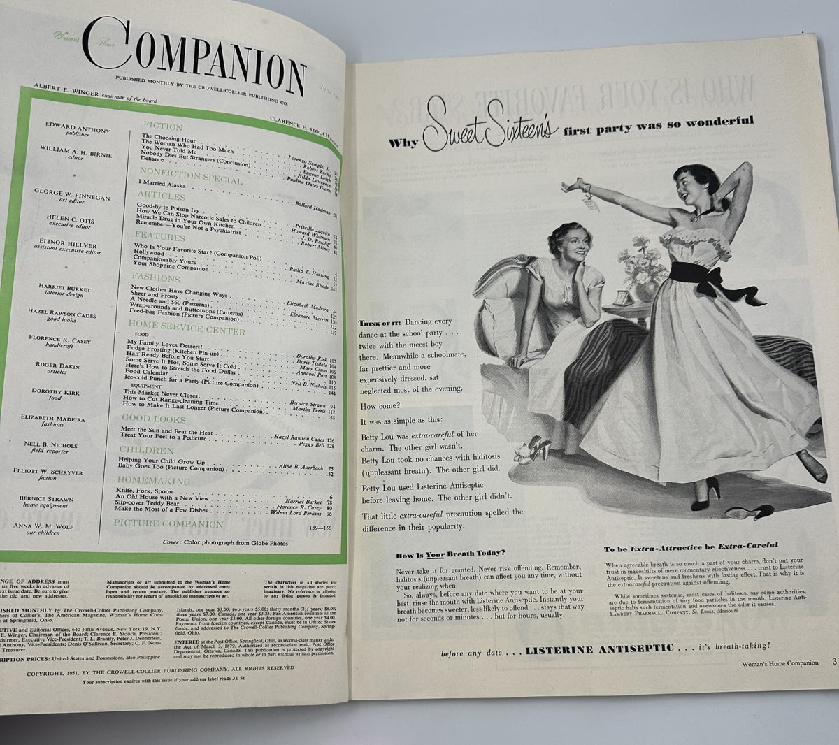 Interior page of the Woman’s Home Companion Magazine June 1951 displaying the Table of Contents including fiction and articles.