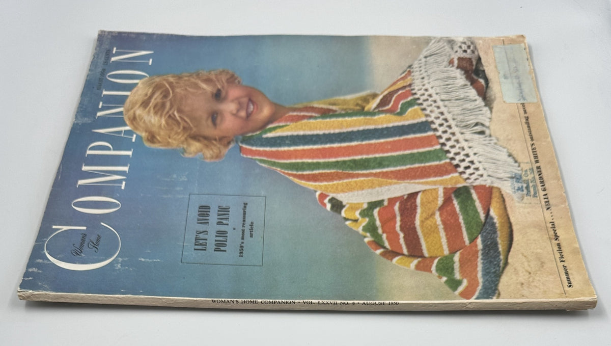 Cover of Woman’s Home Companion Magazine August 1950 featuring a child with a colorful striped blanket, highlighting the theme 'Let's Avoid Polio Panic'.