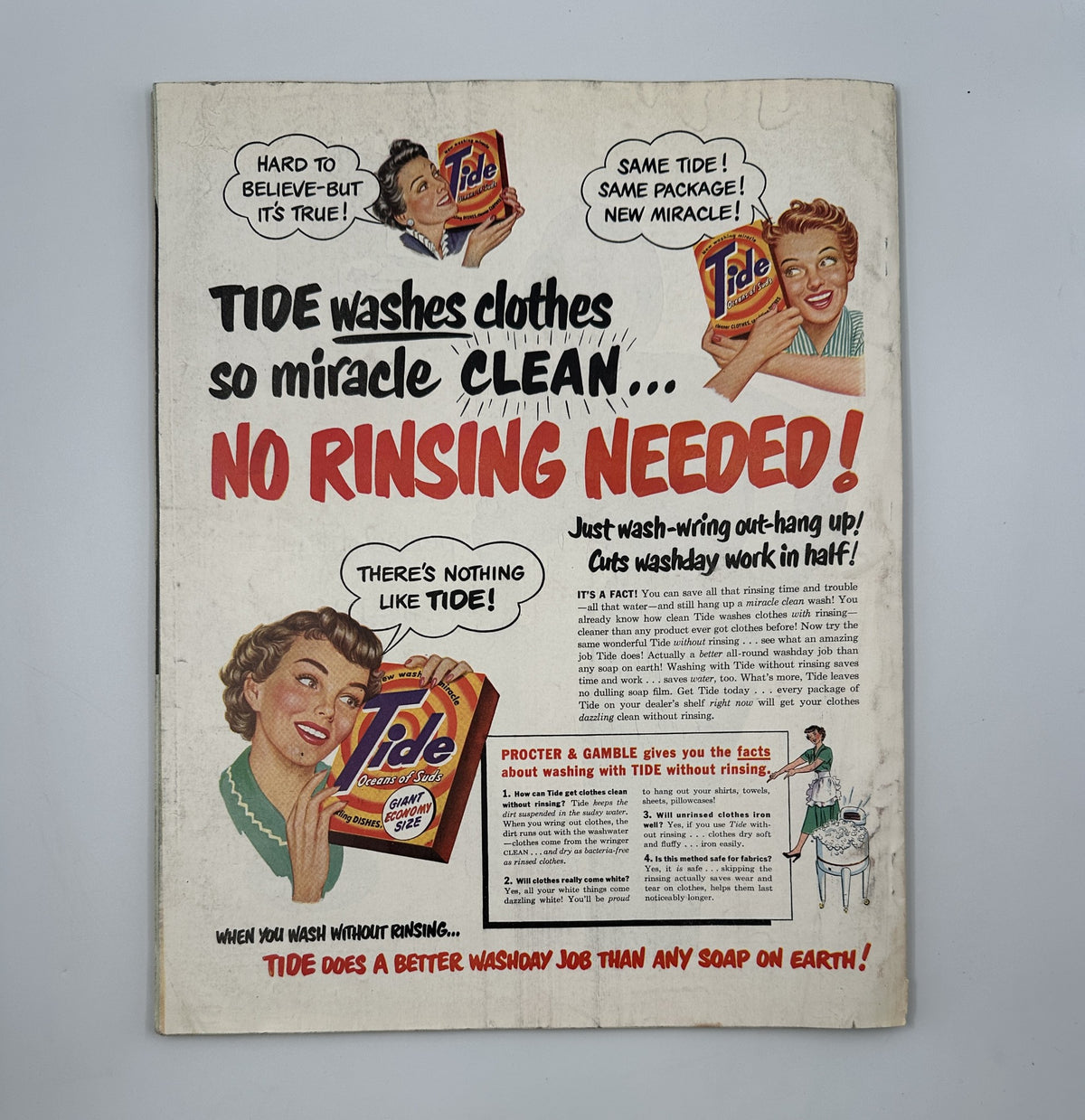 Back cover of Woman’s Home Companion Magazine August 1950 featuring an advertisement for Tide laundry detergent with the tagline 'Tide washes clothes so miracle clean... No rinsing needed!'.