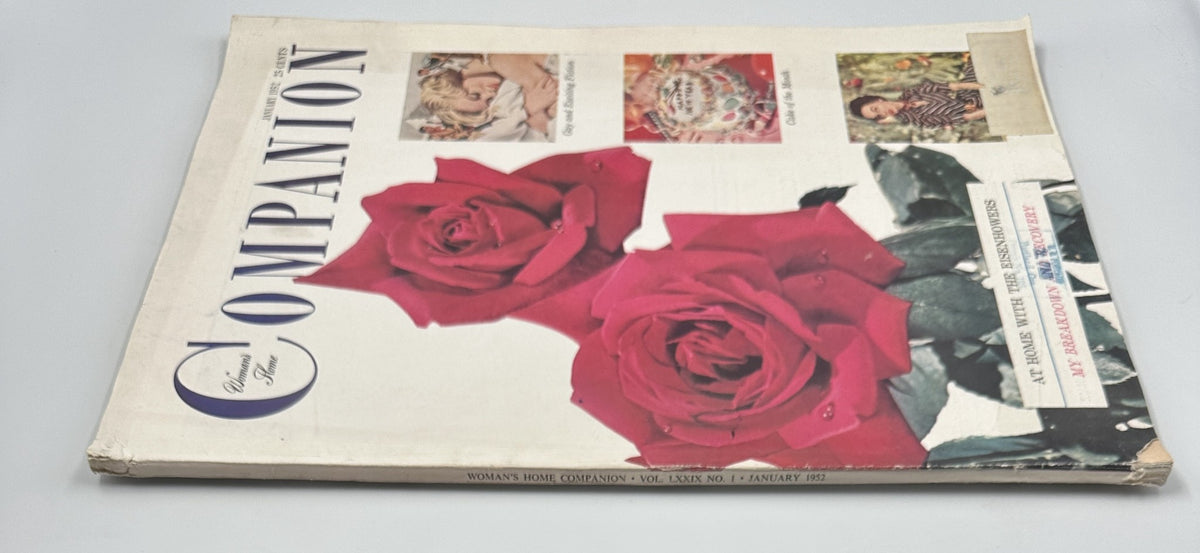 Side view of Woman’s Home Companion Magazine, January 1952 showcasing its cover with red roses and excerpts about the Eisenhowers and recovery.