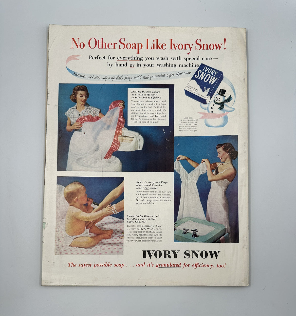 An advertisement for Ivory Snow soap, featuring a woman demonstrating its use for laundry and an image of a snowman, highlighting its effectiveness for both hand washing and washing machines. The ad promotes the slogan 'No Other Soap Like Ivory Snow!' and is part of the Woman’s Home Companion Magazine August 1951 issue, showcasing vintage design elements.