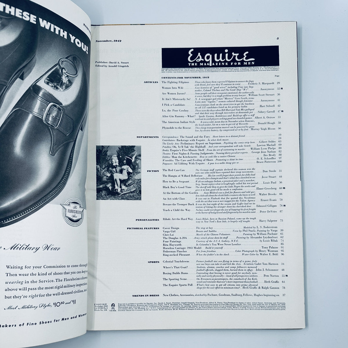 Table of contents page from Esquire Magazine November 1942 highlighting featured articles and illustrations related to fashion, fiction, and trends.