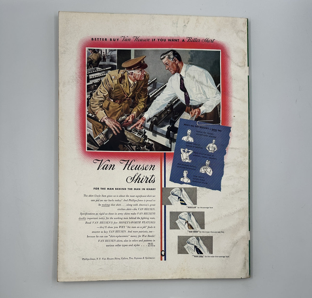 Advertisement for Van Heusen Shirts targeting men, featuring vintage graphics and promotional content. From the November 1942 issue of Esquire Magazine, showcasing WWII-era fashion.