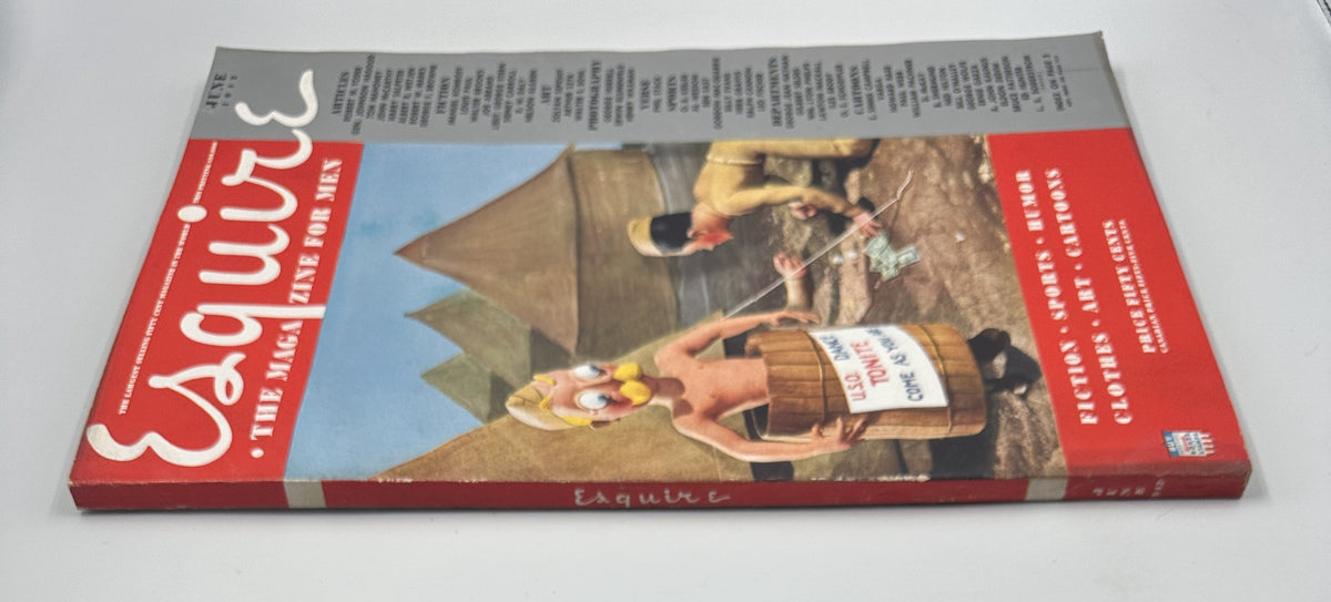 Another view of Esquire Magazine June 1942, showcasing the cover design with a humorous soldier illustration and the title 'Esquire: The Magazine for Men'. This vintage magazine includes content on various topics related to men's interests.